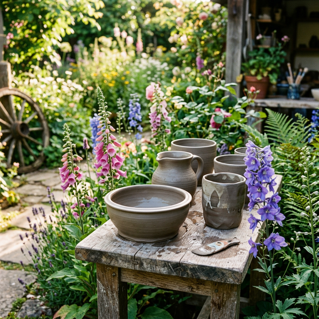 Handmade ceramic bowls, cups, and pitcher on wooden table surrounded by blooming garden flowers