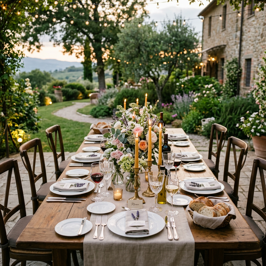 Elegant outdoor dinner table set for eight