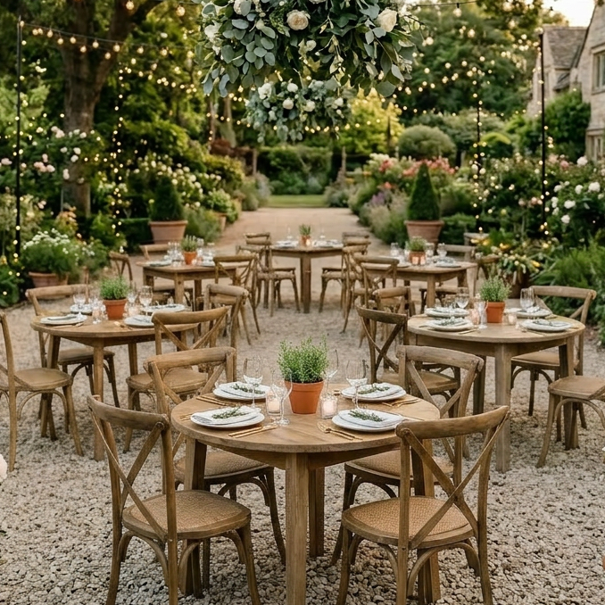 Long wooden table with white floral centerpieces and candles in a garden setting